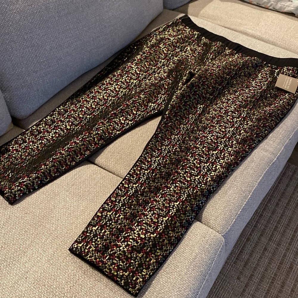 American Glamour Badgley Mischka black pants with red/gold on front, 2X, NWT